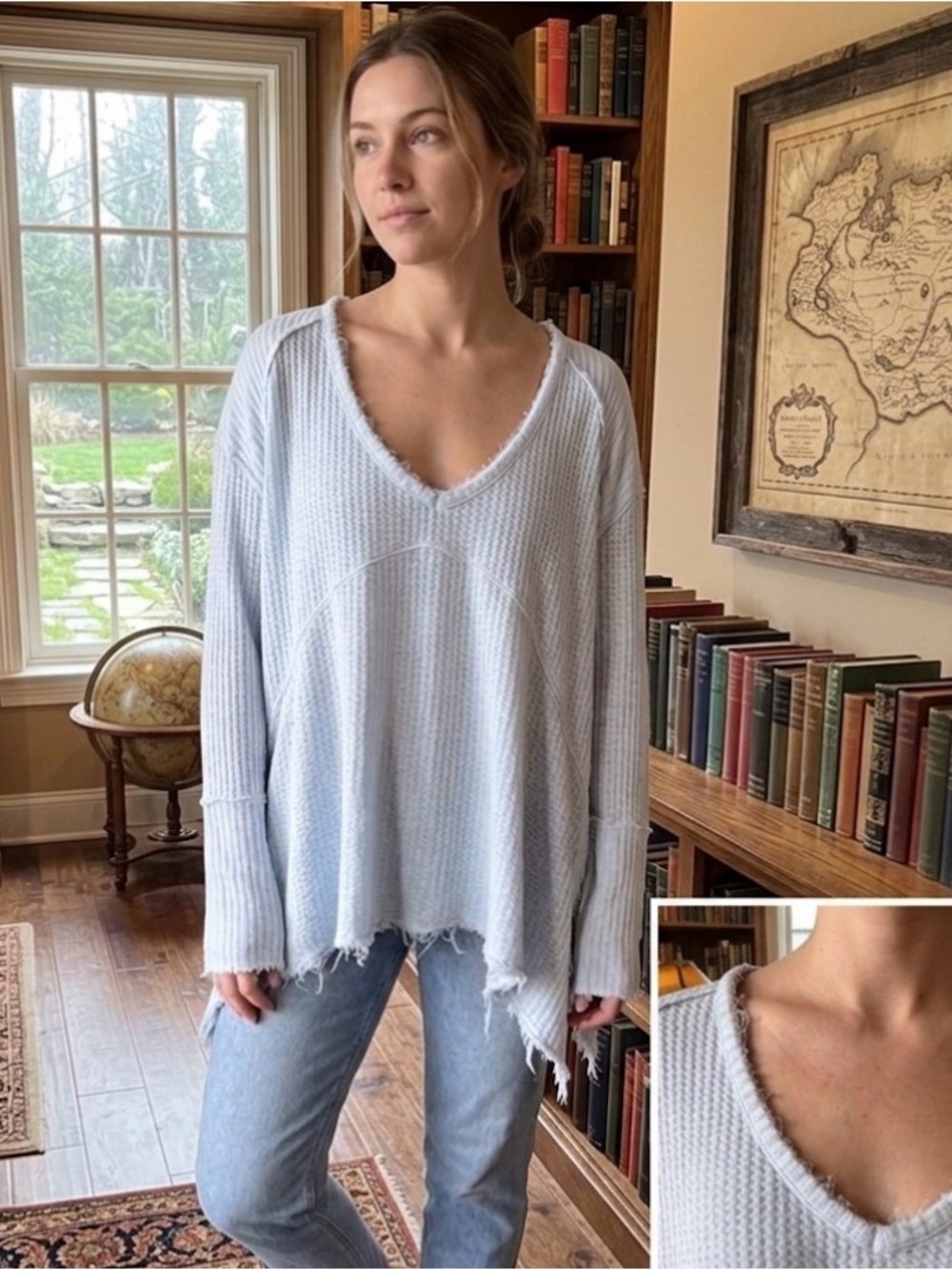 Free People Light Blue Thermal V-Neck Top featuring distressed raw edges size sp